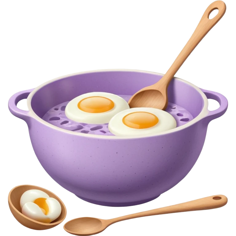 a lilac ceramic mixing bowl with a wooden spoon stirring and sitting next to it is a few eggs emoji