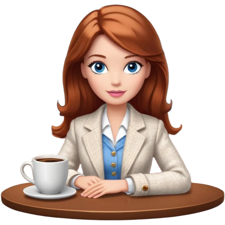 A Barbie girl with blue eyes, shoulder-length reddish-brown hair, made-up, wearing a white tweed jacket and a white skirt, is sitting at a table with a cup of coffee in her hands emoji