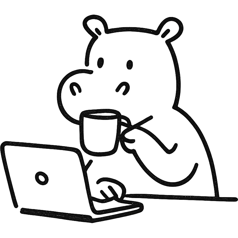 A cartoon hippopotamus who sits at a laptop and drinks coffee emoji