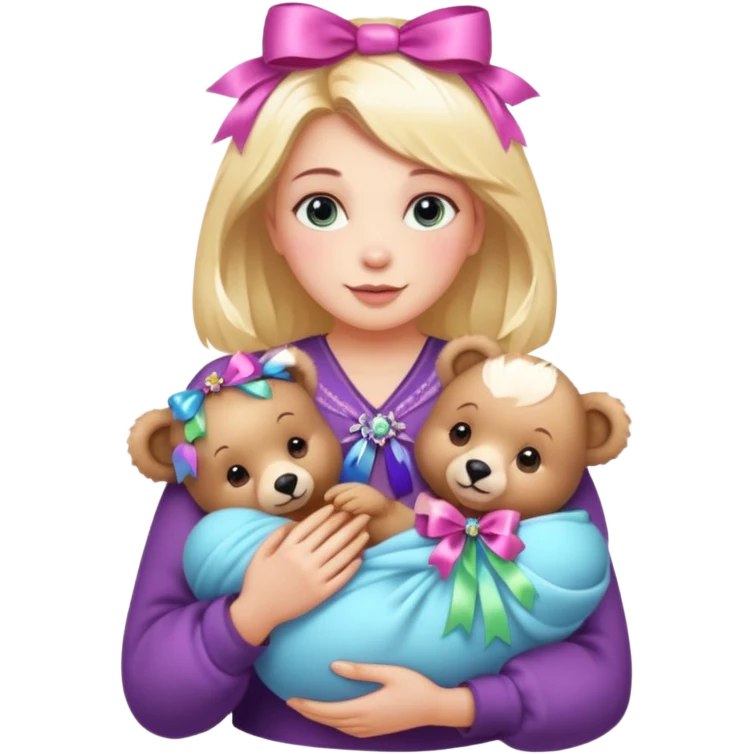 woman holding baby bears with ribbons and crystals emoji
