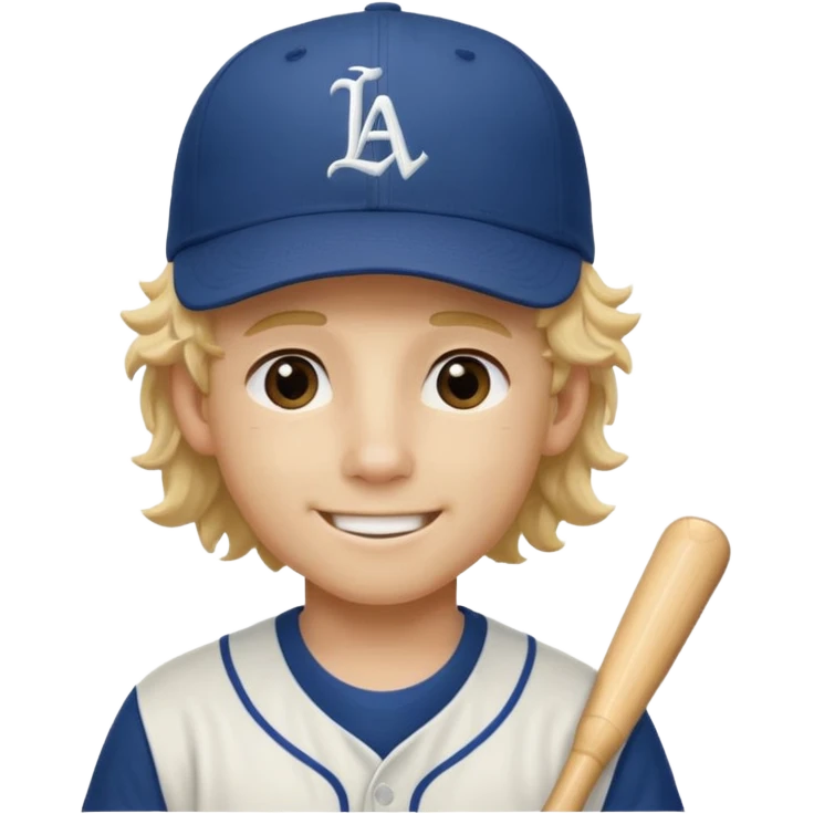 blonde boy with long curly hair past his hears and a LA baseball hat in japanese, smiling emoji