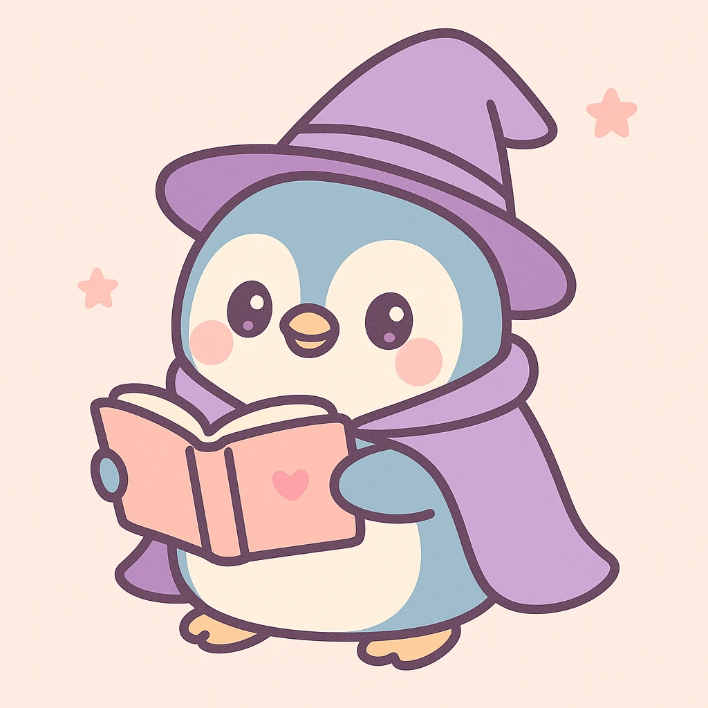 a chubby penguin with a wizard hat and cloak, holding an open spellbook, in a playful illustration style emoji