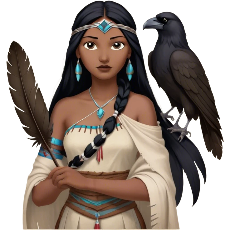 Cinematic Realistic Pocahontas Portrait, depicted with lifelike skin texture, soft natural lighting, and intricately detailed long, flowing raven-black hair that moves gracefully in the wind. Her deep, soulful dark brown eyes exude wisdom and strength, complemented by a serene yet powerful expression. She is shown gently holding a feather in one hand, her other hand resting lightly at her side, embodying the harmonious balance between nature and herself. She is dressed in her classic one-shoulder native American dress, with rich fabric textures and delicate beaded details that catch the light beautifully. The portrait features a soft, sun-kissed glow with a natural, radiant finish, capturing the essence of untamed beauty and deep connection to nature in a realistic and painterly style, evoking a sense of depth and authenticity. emoji