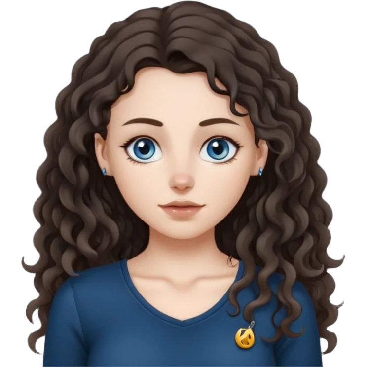 white girl, dark brown long slightly curly hair , skinni but with big breast , septum piercing on nose, beautiful dark gray-blue eyes, emoji