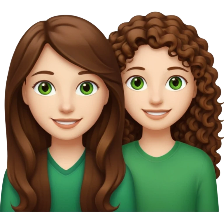 Two besties: 1: long straight brown hair, green eyes 2: long curly brown hair, brown eyes emoji