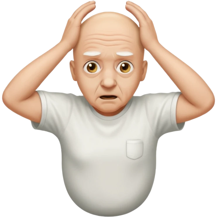 A bald person who’s very old is staring, he’s inside a toilet and his head is upright and looking at the camera with very wide eyes and his hands are putting pressure on his head, very scared expression and he’s twerking emoji