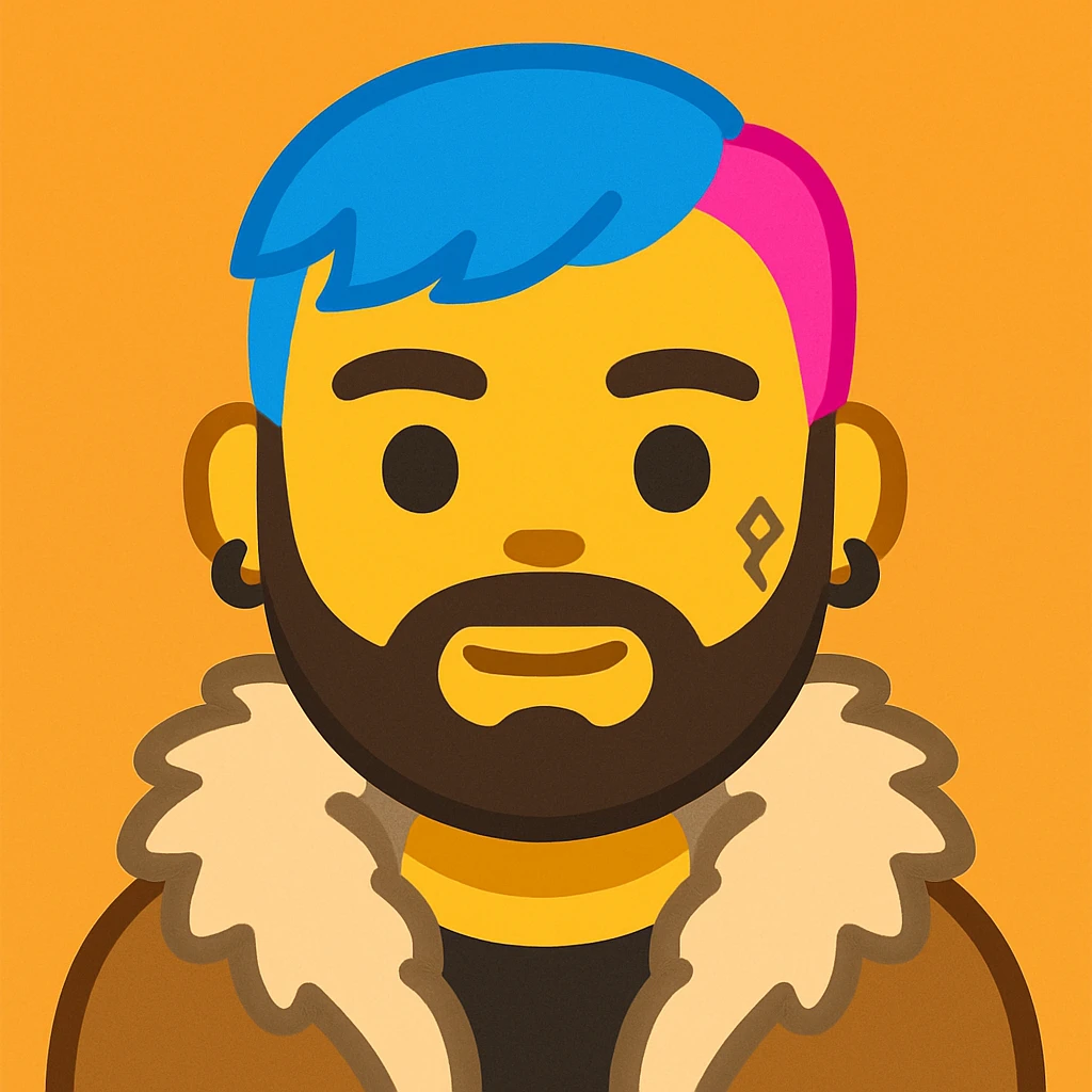 Create an emoji style image of a character with short blue and pink hair, beard, earrings, facial tattoo, wearing a fur coat, and natural skin tone. The style should resemble emoji style. emoji