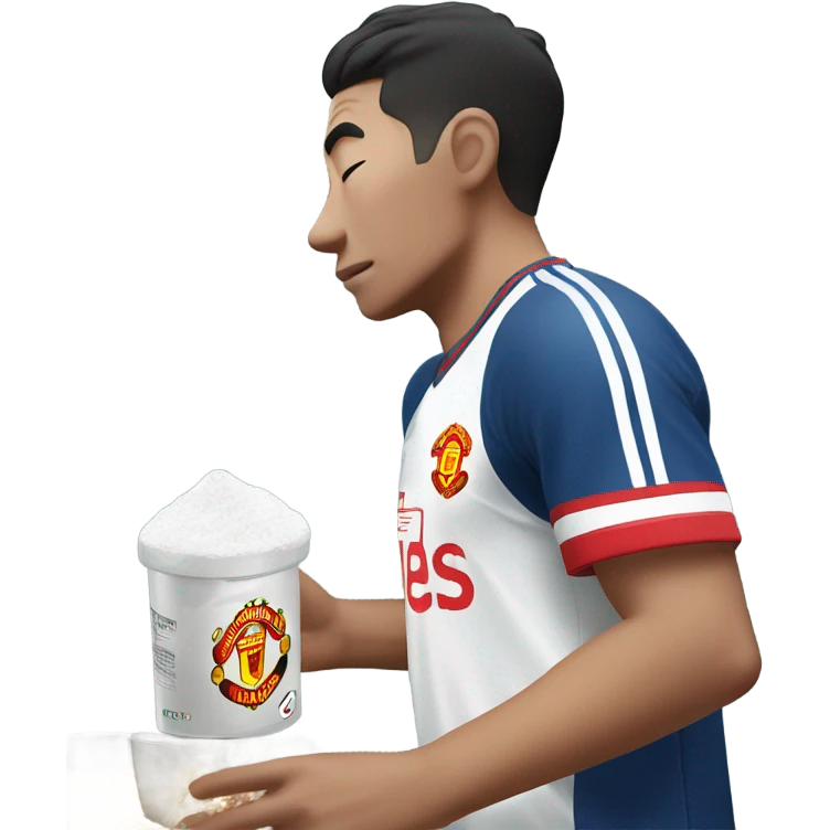 Korean man sniffing white powdered sugar. He’s wearing a Manchester United jersey emoji