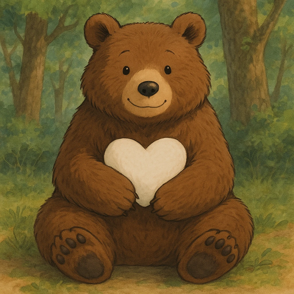 realistic sitting bear holding a white heart emoji