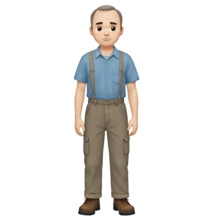 Carl from Sling Blade, full body, 3/4 angle, slouching posture, chin sticks out farther, grimacing expression emoji