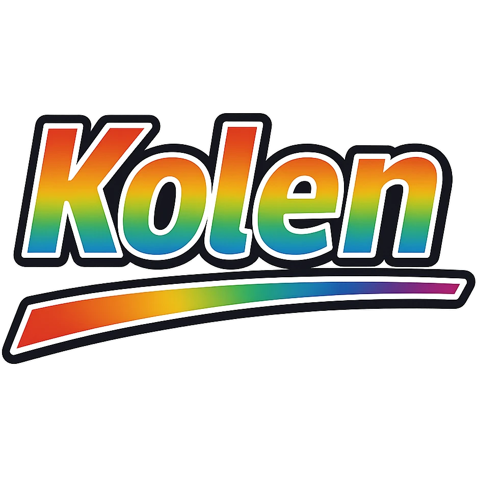 Kolen name in modern gradient font with precise Hungarian characters, dark outline, extra bold, prominent white letter border, dynamic slanted underline, rainbow color gradient, 1000x1000 px, PNG, transparent background emoji