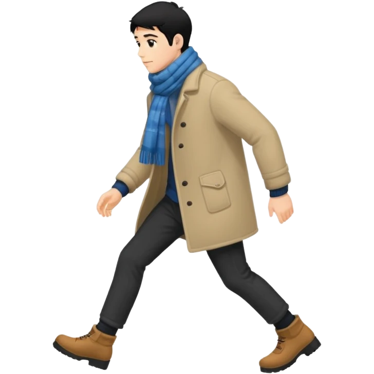 The Walking Man black hair all body from the side and taking a step in winter clothes emoji