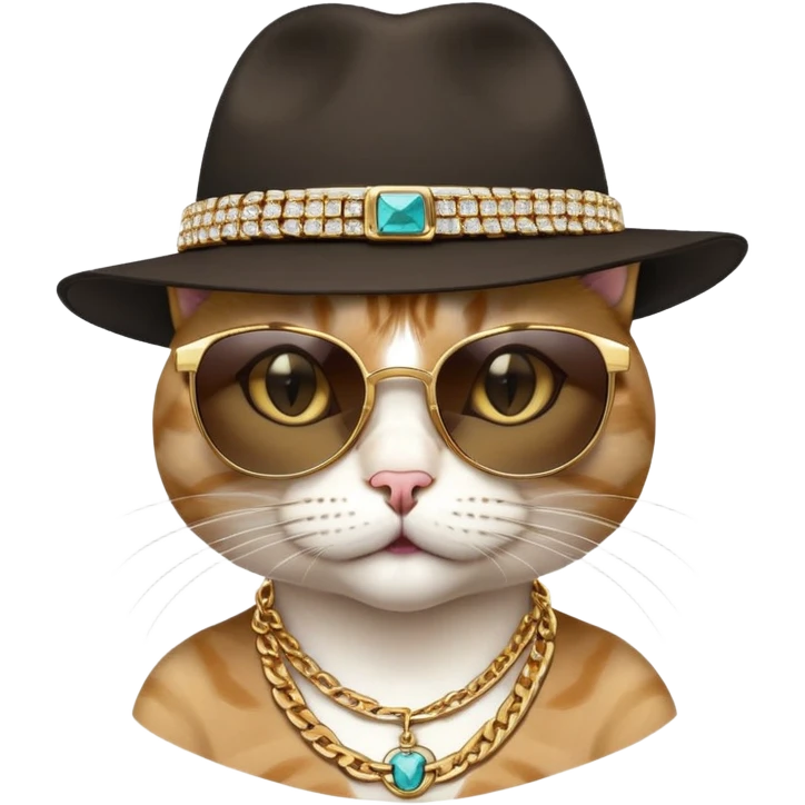 female cat close-up head and shoulders wearing Run DMC style, fedora, dark sunglasses, gold chains, bling emoji