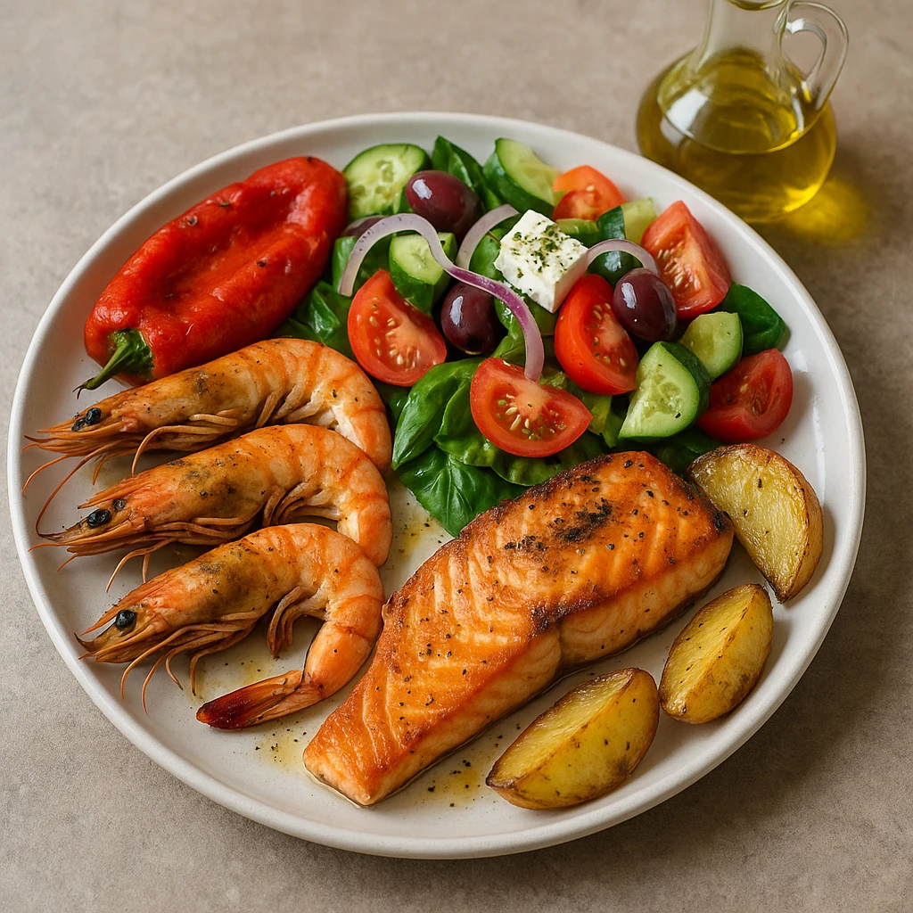 realistic Mediterranean meal plate with seafood, vegetables, and olive oil, vibrant colors emoji