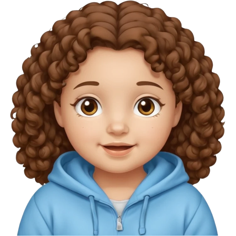 A girl with brown curly hair and chubby cheeks brown eyes and a happy face she has a baby blue hoddie emoji
