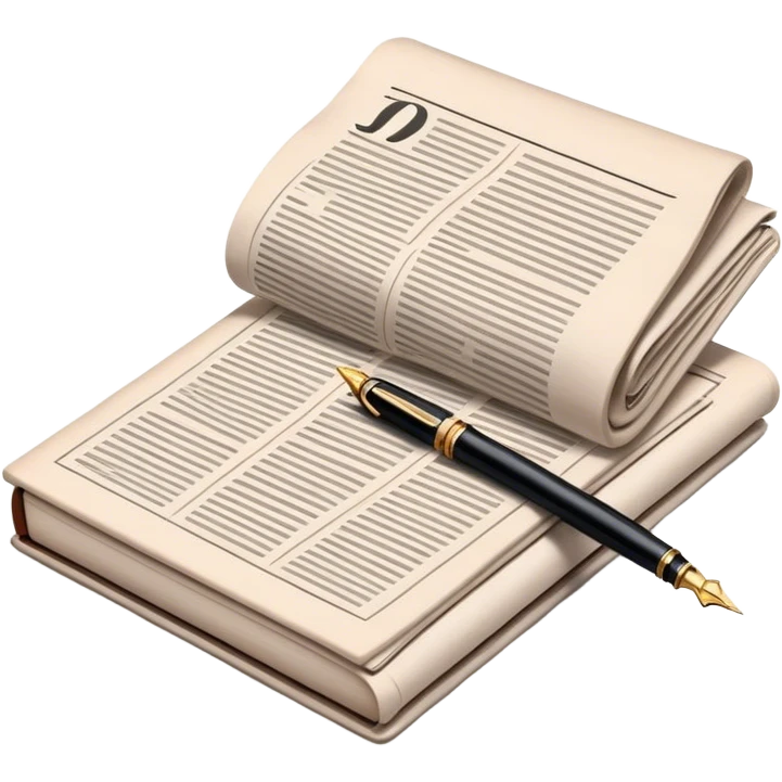Create an emoji representing journalism and publicistic writing. The design should feature a stack of newspapers, an open notebook, and a single classic fountain pen placed on top of the notebook, symbolizing the act of writing. The scene should convey a sense of professionalism and thoughtful analysis. Use a neutral and professional color palette, with black, white, and muted tones. Do not include any emojis or smiley faces. Make the background transparent. emoji