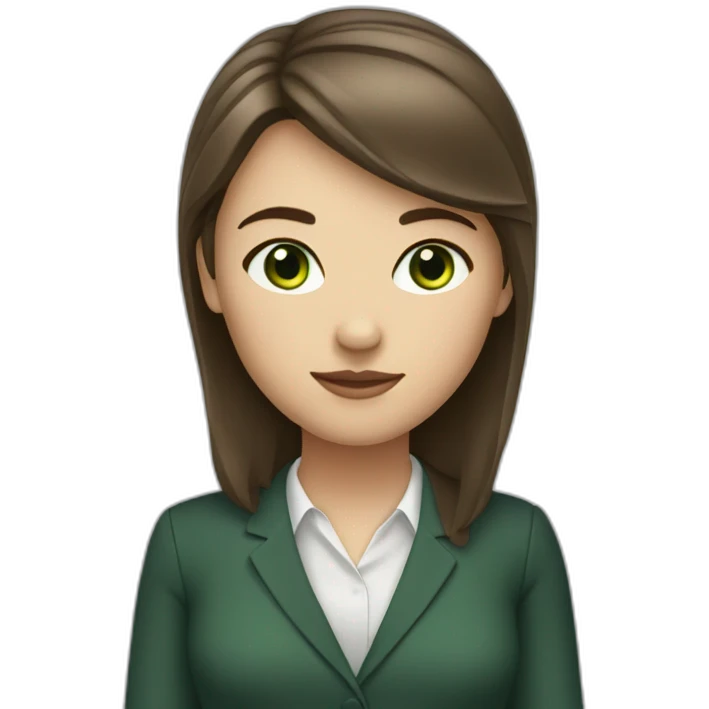 Female with brunette hair and slightly fringe and green eyes. Wearing formal cute outfit emoji