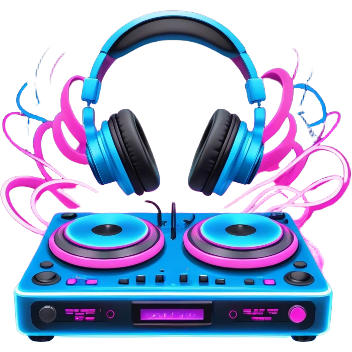 Create a dynamic and modern emoji that represents electronic music and DJing. The design should feature a DJ controller with two vinyl turntables, DJ headphones, and glowing sound waves or a waveform to symbolize the energy of mixing and electronic beats. Use vibrant neon colors like electric blue, neon pink, or green to represent the futuristic and pulsating nature of electronic music. Add subtle details of flashing lights or abstract patterns to evoke the nightclub or festival atmosphere. The background should be transparent. emoji