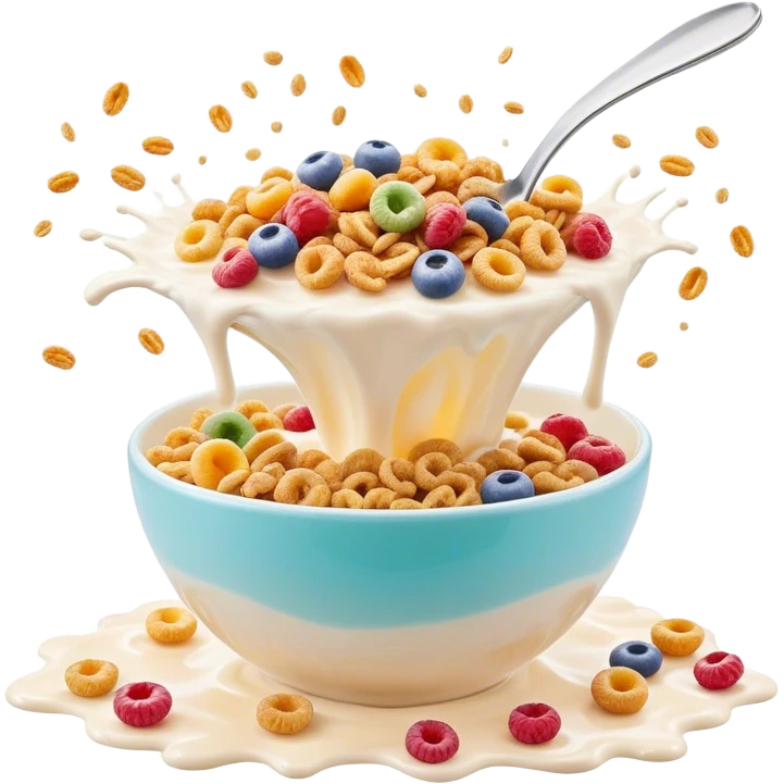 Cinematic crunchy cereal, vibrant and colorful, splashing into a bowl of cold milk, soft glowing background, dynamic movement, playful and inviting, nostalgic and fun. emoji