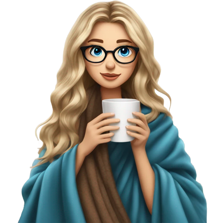 Balayage hair Girl drinking coffee, with a cozy blanket wearing glasses with blue eyes beautiful  emoji