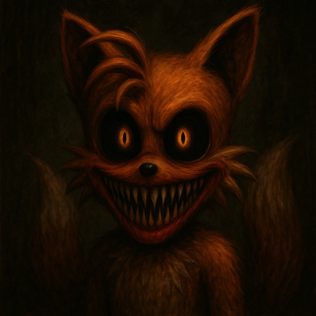 Scary Tailsanator.OBM from Sonic with black eyes, yellow-orange pupils, dark orange fur, stretched mouth with pointy teeth, red lips, creepy look, horror character emoji
