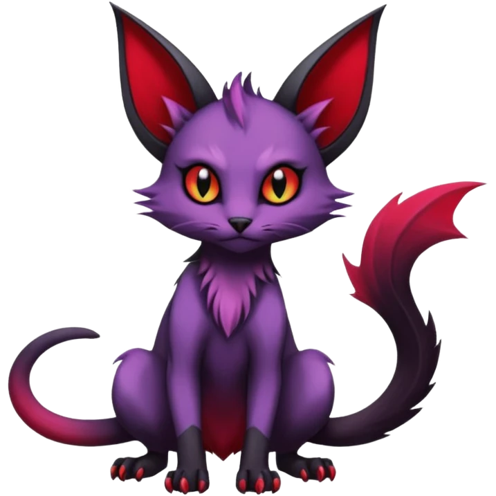 Dark gloomy gothic Black violet red edgy cute Noivern-Noibat-Purloin-Torracat-Lykoi-Caracal-cat-Fakemon-fusion-hybrid-creature with an imp tail  emoji