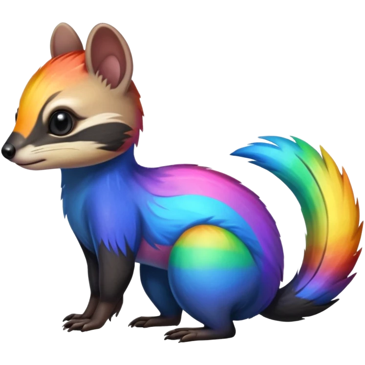 Colorful black and rainbow-iridescent Cacomistle-Numbat-Ferret-hybrid-fusion-animal-creature, full body  emoji