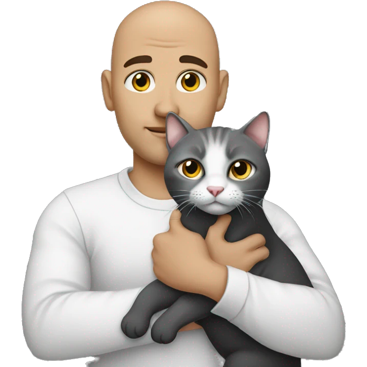 a bald handsome man holds a fat cat in his arms, the color of which is gray and black emoji