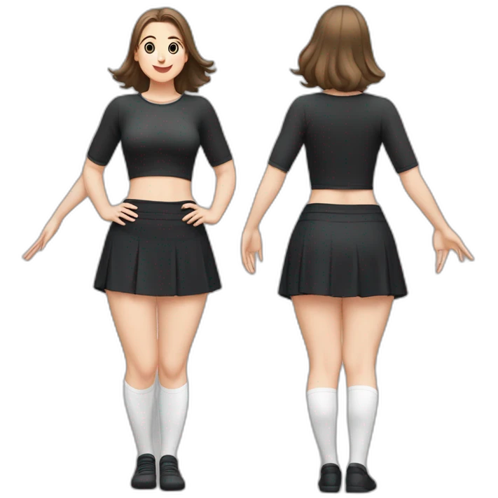 full-body-caucasian-curvy-beauty-doing-asana-short-black-skirt-back-and-front-views-strong-wind-knickers-long-white-socks emoji