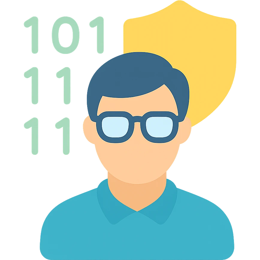 person with glasses in front of a shield and binary code, clean lines, professional, for a cybersecurity expert emoji