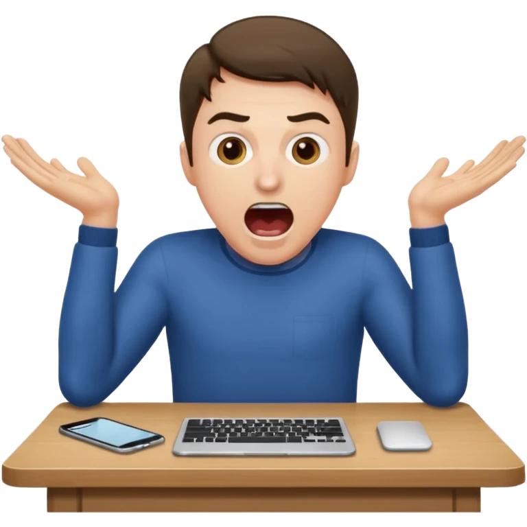 man at table, mouth open shouting, leaning in, hands on table, working emoji