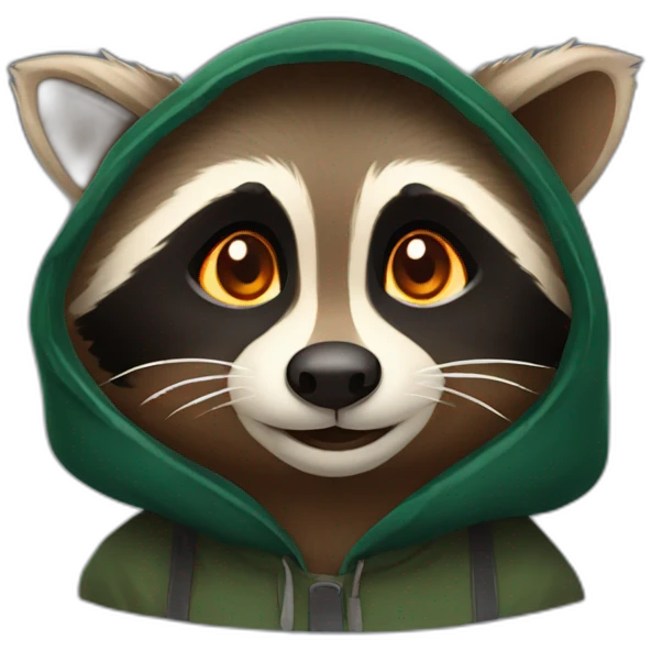 brown raccoon with orange eyes and a dark green hood that smile emoji