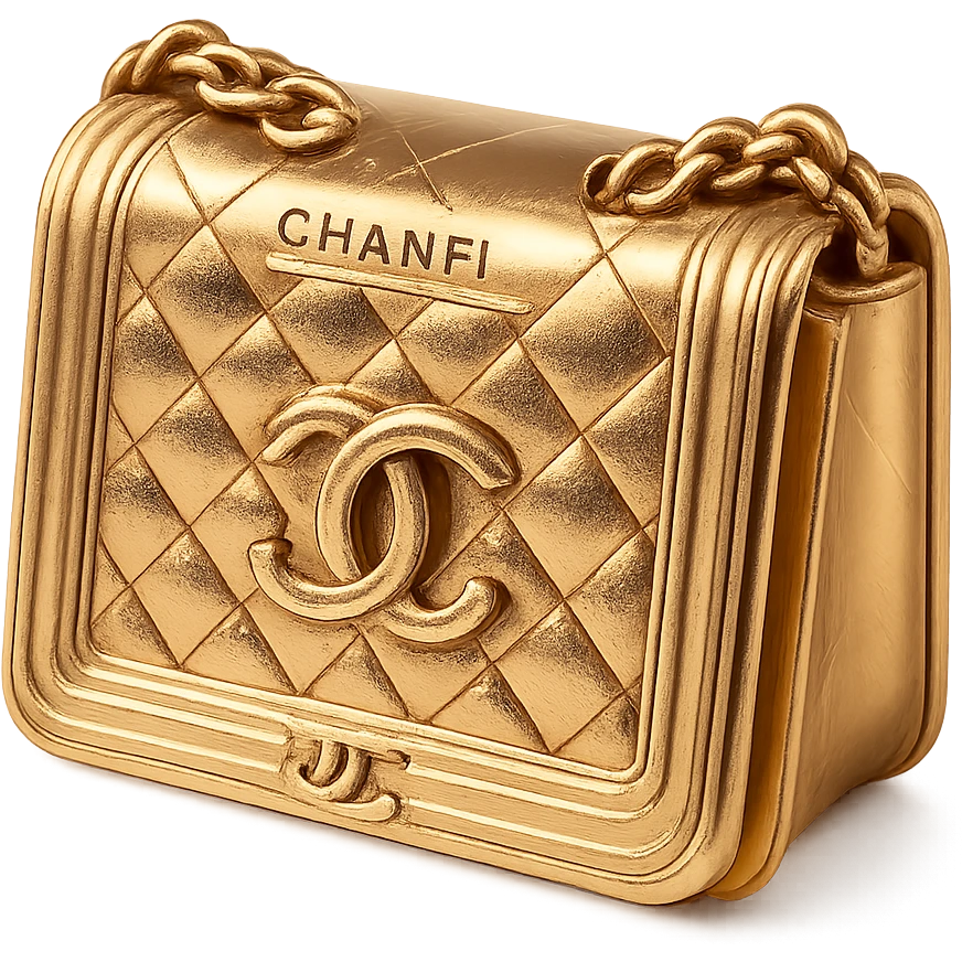 pink Chanel purse, gold style, luxurious and shiny, metallic gold finish emoji