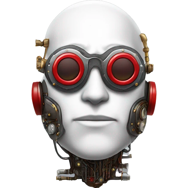 Bald cyborg head with red steampunk goggles, white five o’clock shadow, and circuits emoji