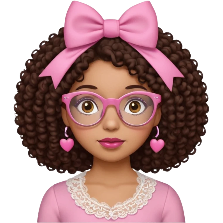 medium-light kinned afro-latina girl with medium length chocolate brown side part curly hair, small pink bow , with brown glasses, brown eyes, pink and white sweetheart necklined top with lace, round wide-ish nose, ob-long face emoji