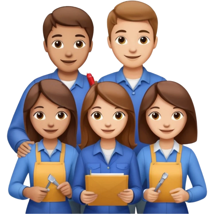 Make a photo of 5 project managers!, specifically 3 girls! with brown hair and 2 boys!, that are making project for improvement of the winery! emoji