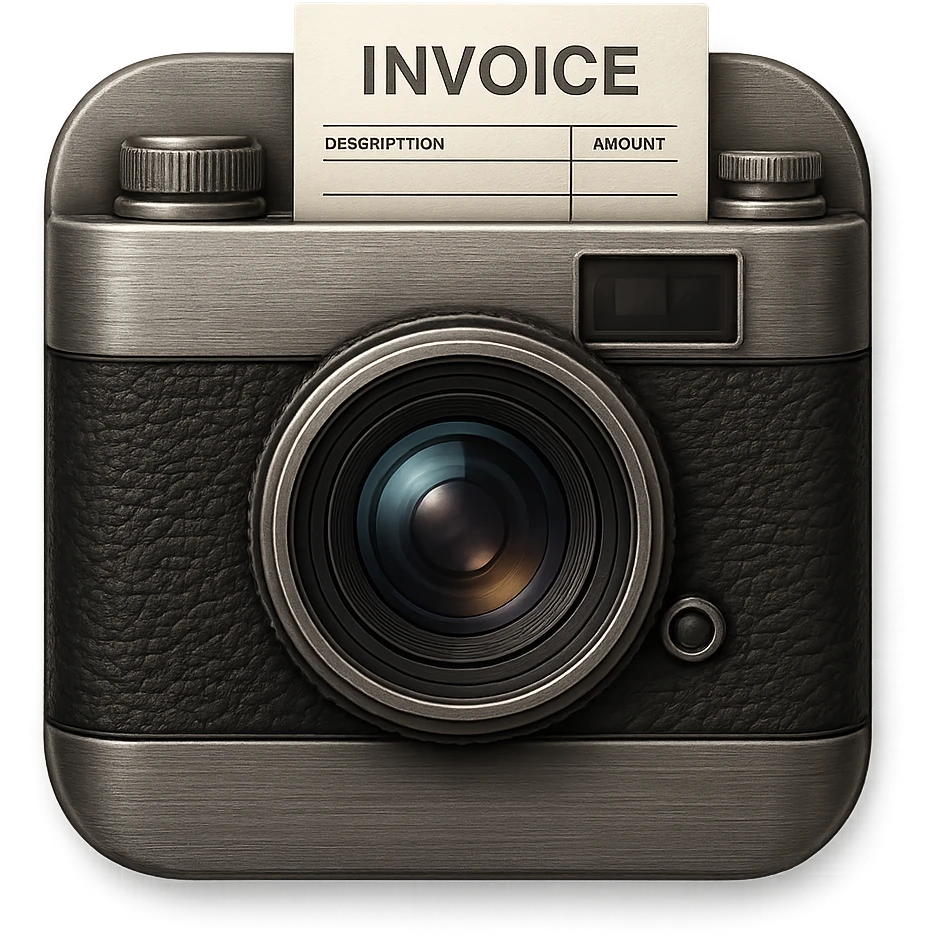 skeuomorphic app icon for an invoice app, vintage camera with textured black leather, brushed metal details, and a paper invoice peeking out emoji