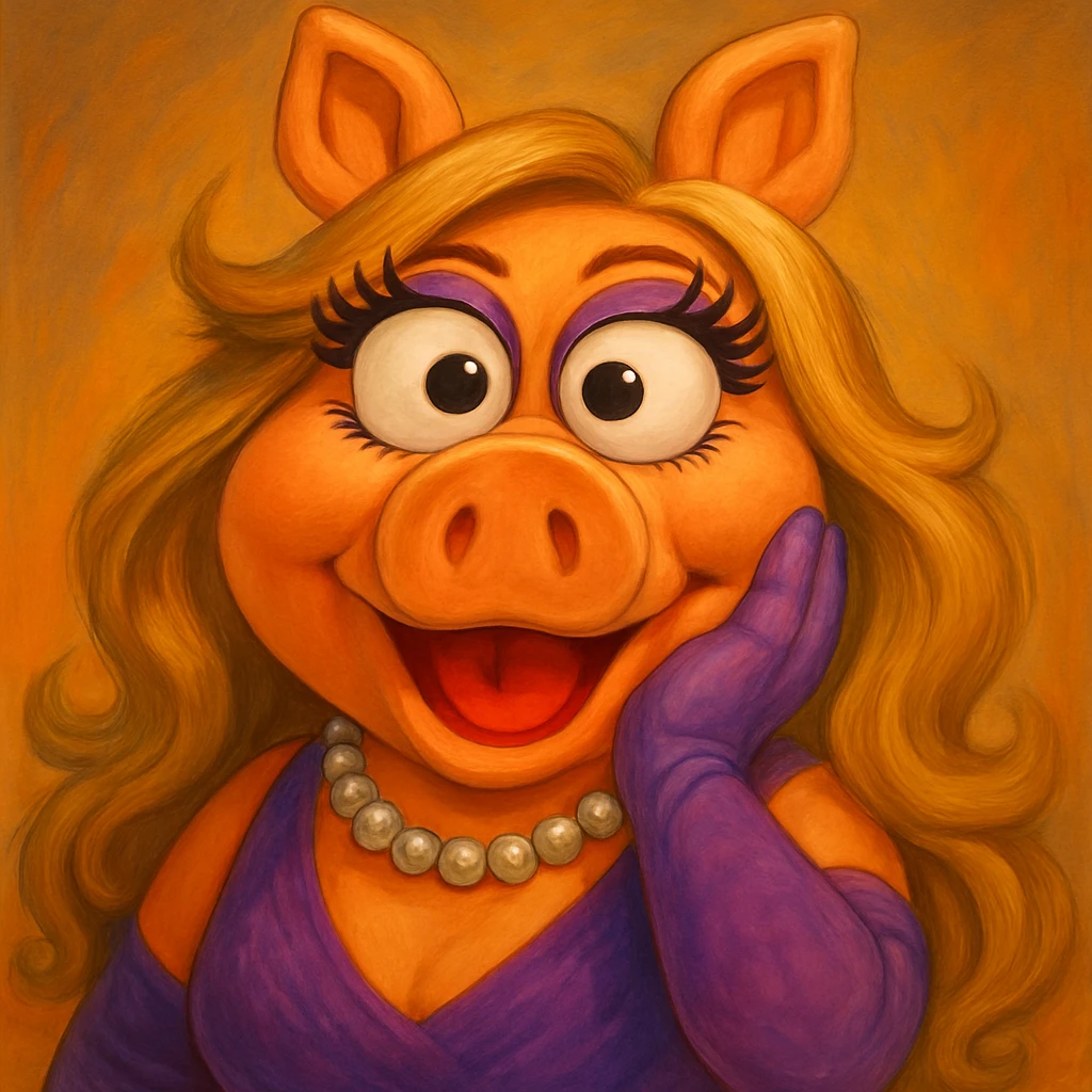 Make Miss Piggy's cross eyes even bigger, keep playful expression, detailed, vibrant colors. emoji