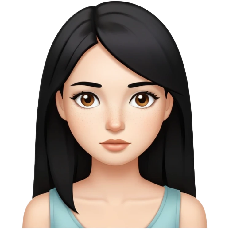 woman with silky straight black hair, subtle makeup, and cute freckles emoji