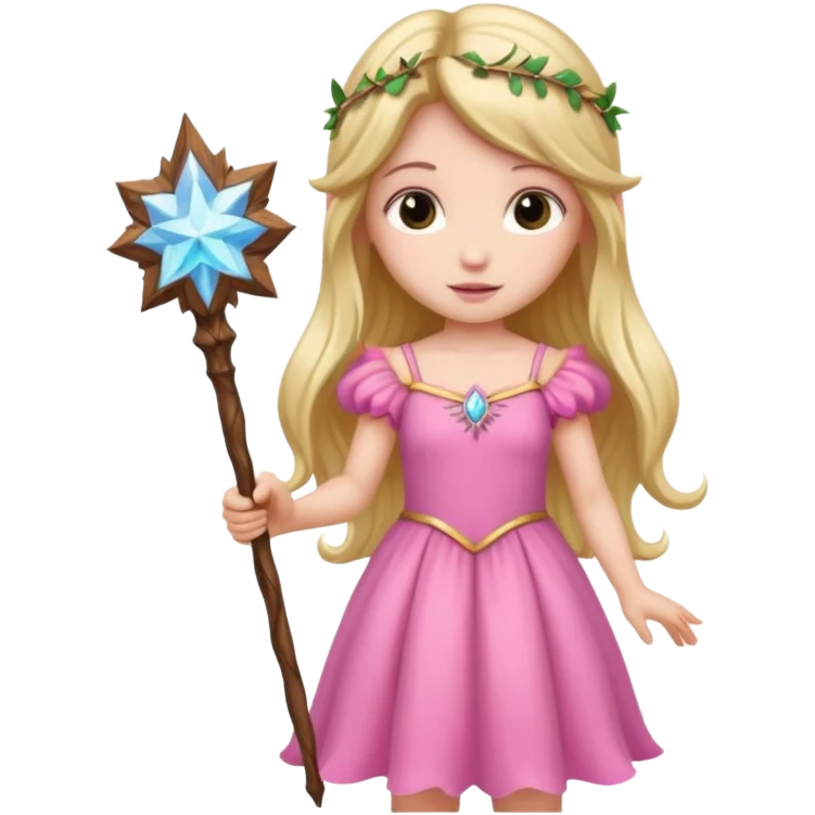 long haired fairy with small eyes, pink dress and a wand emoji