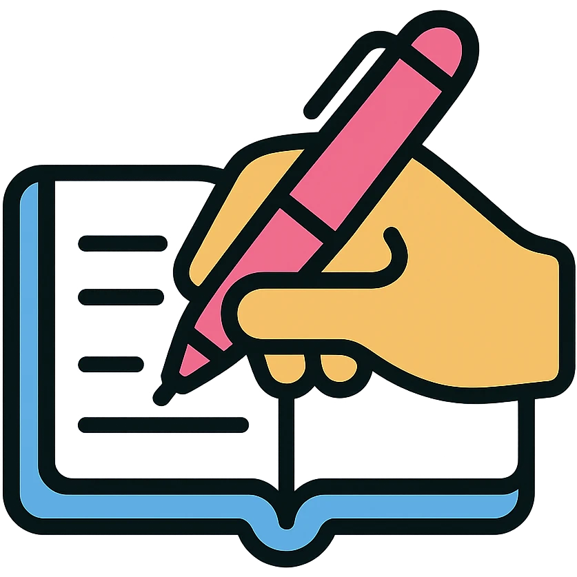 a hand writing in a notebook with a pink pen, color outline icon style, simple and clear emoji