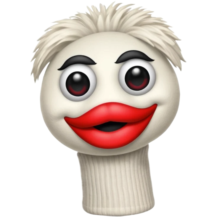 Sock puppet with black button eyes and lipstick emoji
