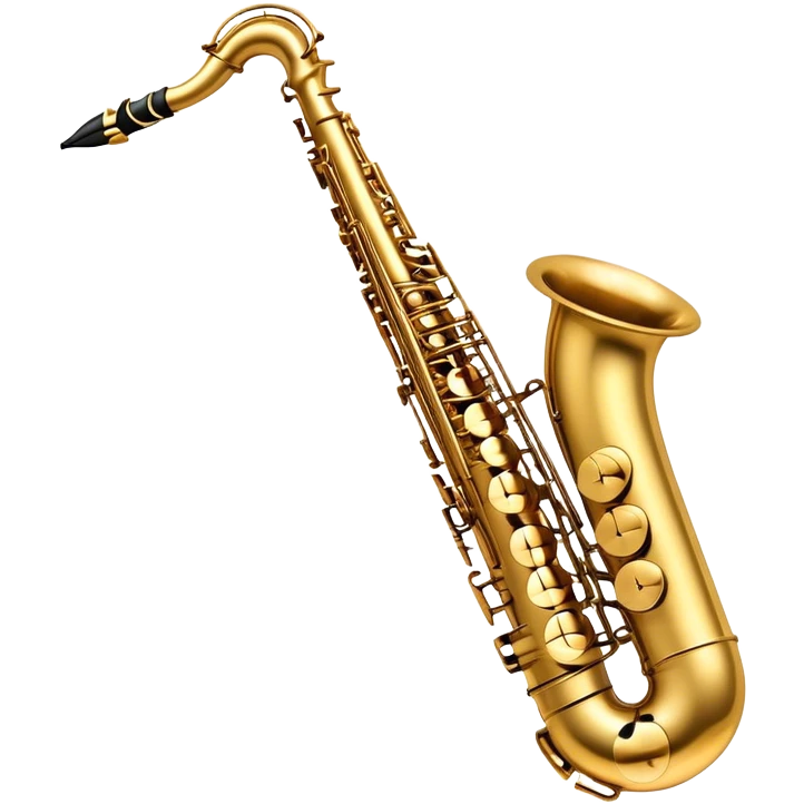 Create a sleek and sophisticated emoji representing the Selmer Super Action 80 Series II saxophone. The design should feature the smooth, golden brass body of the saxophone with its shiny keys and beautiful curves. Highlight the iconic bell of the saxophone and the fine details of the keywork, including the pads and springs. Include the mouthpiece at the top with a reed visible, capturing its essential role in sound production. Use rich gold and brass tones for the instrument with subtle light reflections to enhance its professional appearance. Add musical notes floating around the saxophone to evoke its smooth, jazzy sound. The background should be transparent. emoji