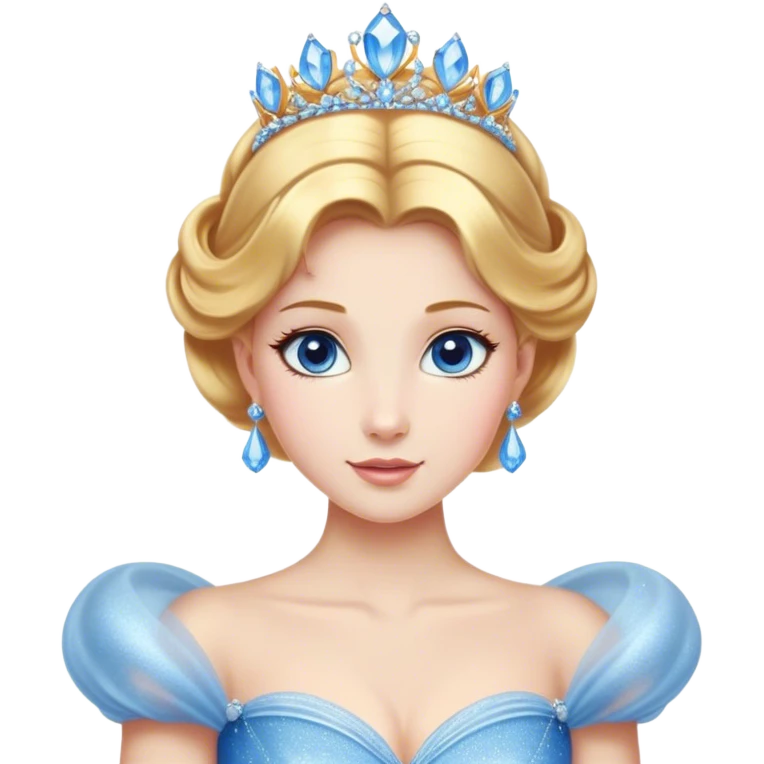 Cinematic Stunning Cinderella Portrait Emoji, Radiant in her sparkling blue ball gown, golden hair in a perfect updo, soft blue eyes full of wonder, glistening tiara, glowing with an ethereal beauty, regal yet kind, a dreamlike aura surrounds her, capturing the essence of a fairy tale princess, elegant and breathtaking! emoji