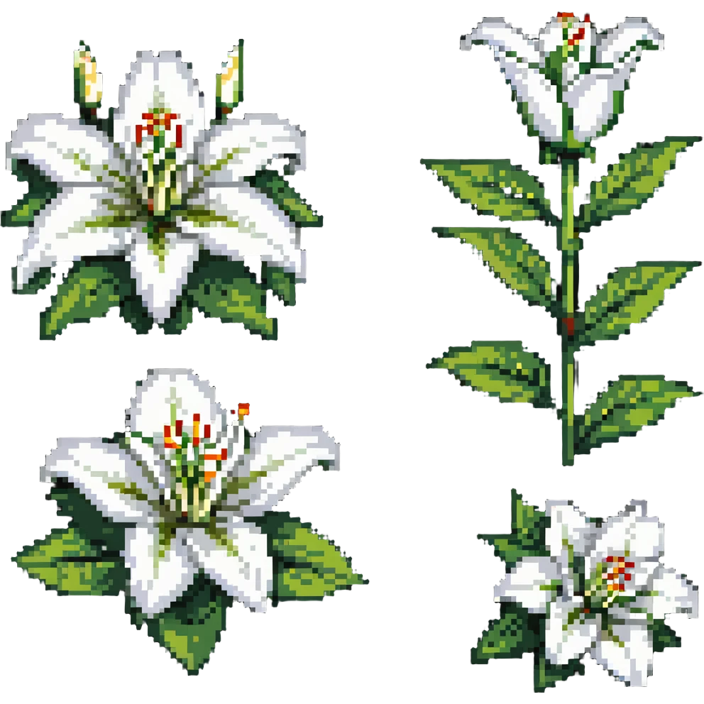 white lily flower with six petals, bud, and green leaves emoji