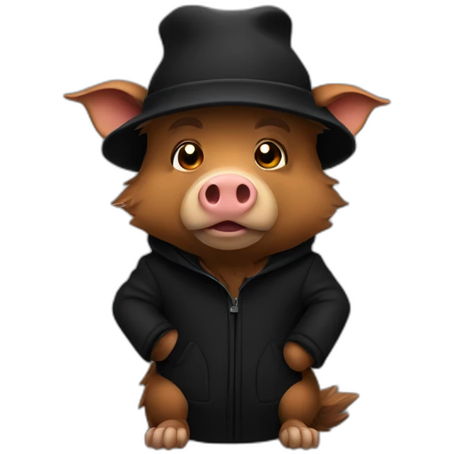 Bored brown boar in a black winter hat and black jacket emoji