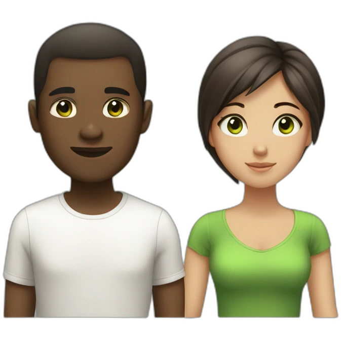 African man with short hair and asian girl with brown long hair and green eyes emoji