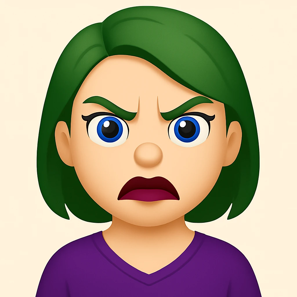 Create an emoji style image of a girl with green hair, angry expression, blue eyes, and lipstick blended with dark red and purple. emoji
