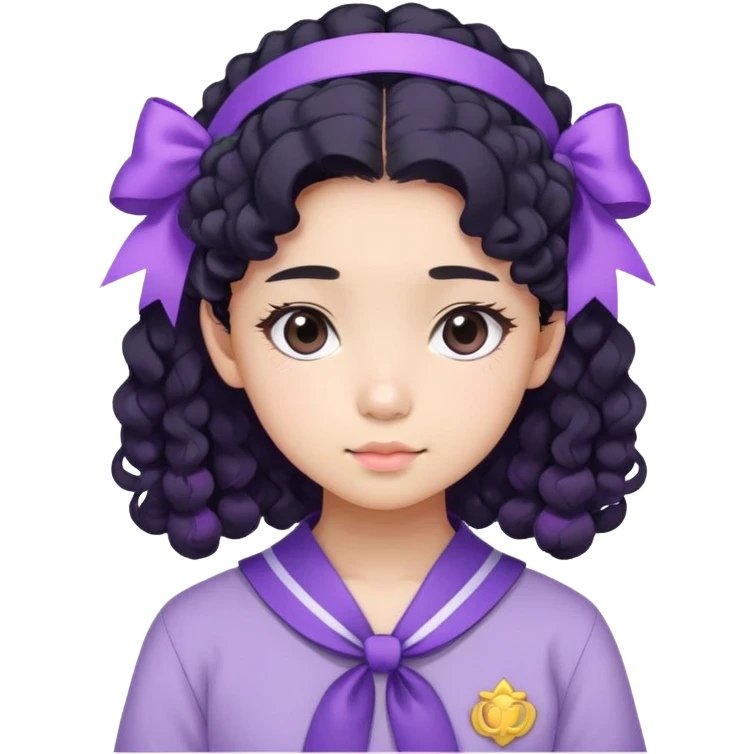 thai 15 years old girl not light skin with curly hair and she's introvert wearing thai student outfit she has black hair and tie her hair with pastel purple ribbon  emoji