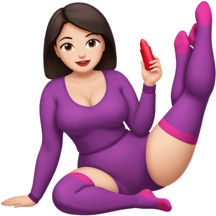 Cute curvy woman dark hair brown eyes big ass big chest skin coloured clothes socks legs up sole facing camera blushing face lip stick smile nervous emoji